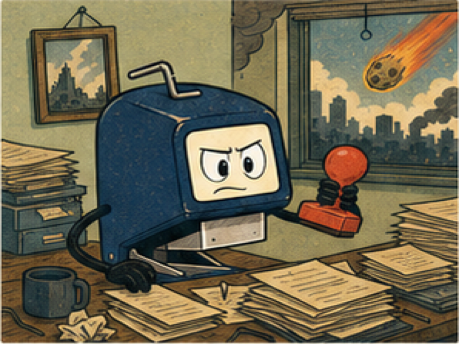 STAPLO waving a red approval stamp in the office of the apocalypse